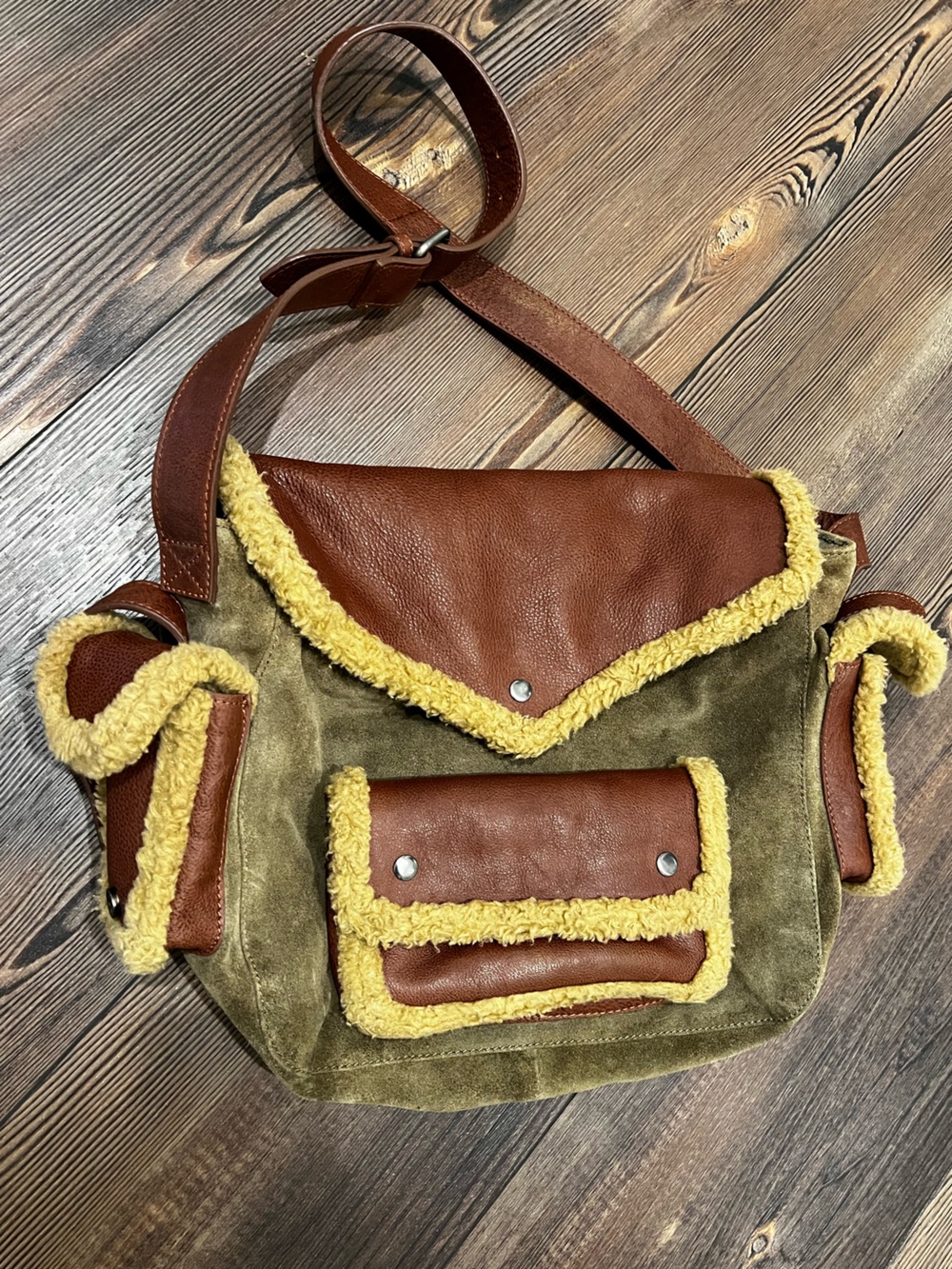 Free People Genuine Leather Suede Durango Messenger Bag in Olive MSRP $228